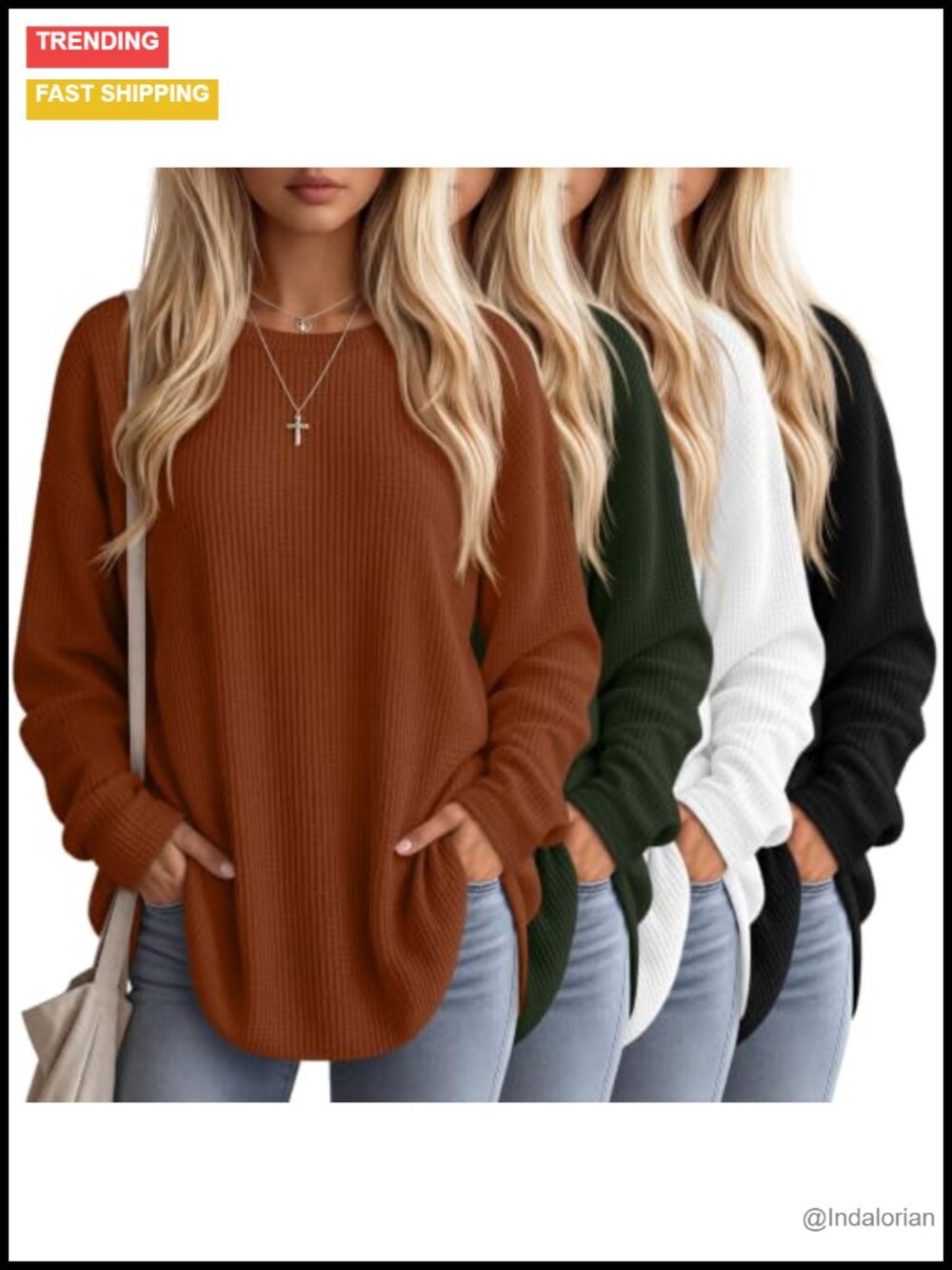 Waffle Knit Long Sleeve Oversized Sweatshirts 4 Pack Polyester Spandex